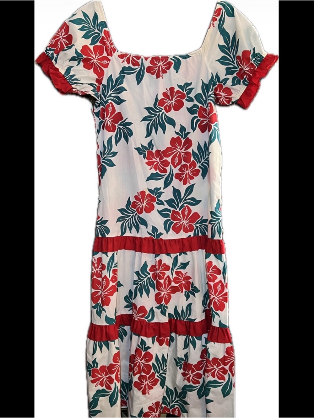 White Muumuu with Red Floral Hibiscus Print
